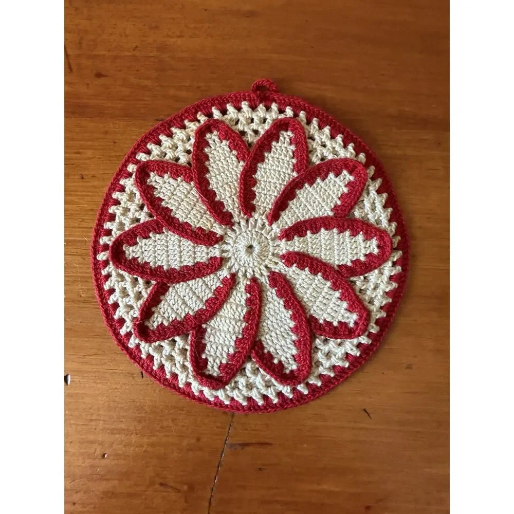 Vintage Crochet Floral Hot Pad Trivet Set Red White Handmade Kitchen Decor Pair